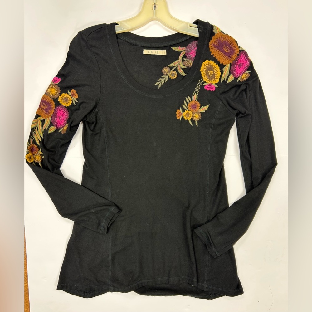 Caite Black Top with Pink and Orange Floral Embroidery